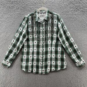 Ryan Michael Shirt Womens L Green Plaid Ruffle Yoke Western Rodeo Rockabilly Top